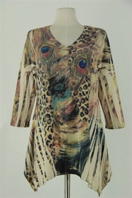 3/4 sleeve 2 point top - sand leopard / peacock feathers - polyester/spandex