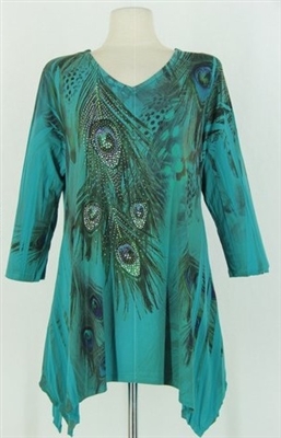 3/4 sleeve 2 point top - jade peacock feathers - polyester/spandex