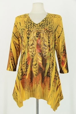 3/4 sleeve 2 point top - gold peacock feathers - polyester/spandex