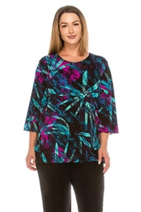 3/4 sleeve lettuce top - turquoise/purple leaves - polyester/spandex