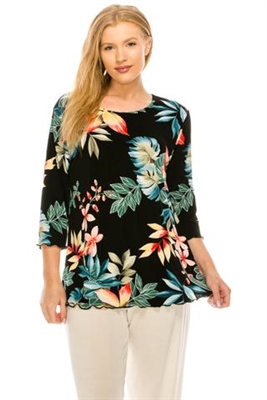 3/4 sleeve top with lettuce finish - black/tropical flowers - polyester/spandex
