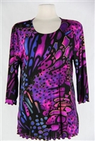 3/4 sleeve top with lettuce finish - blue/purple print - polyester/spandex