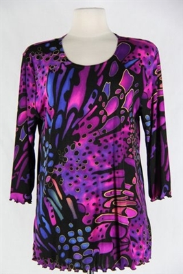 3/4 sleeve top with lettuce finish - blue/purple print - polyester/spandex