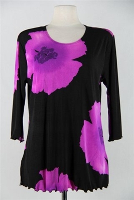 3/4 sleeve top with lettuce finish - purple big flower - polyester/spandex