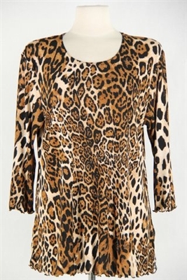 3/4 sleeve top with lettuce finish - brown leopard - polyester/spandex