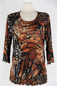 3/4 sleeve top with lettuce finish - brown/grey animal print - polyester/spandex