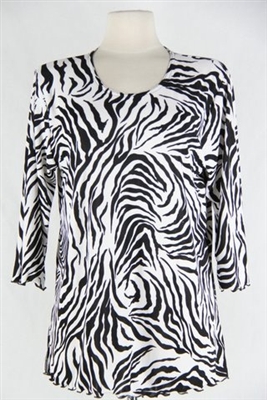 3/4 sleeve top with lettuce finish - black/white tiger print - polyester/spandex