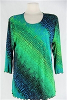 3/4 sleeve top with lettuce finish - green tie dye print - polyester/spandex