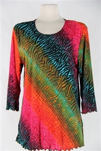 3/4 sleeve top with lettuce finish - red/green tie dye print - polyester/spandex