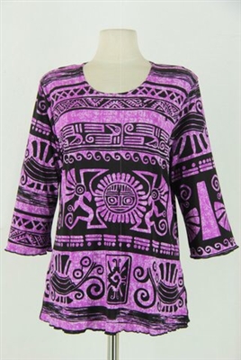 3/4 sleeve top with lettuce finish - purple aztec - polyester/spandex