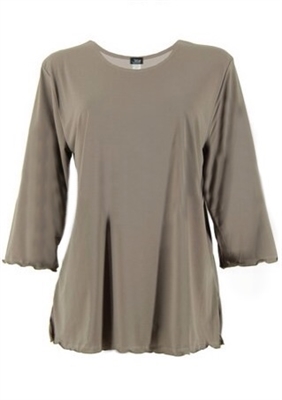 3/4 sleeve top with lettuce finish - taupe - polyester/spandex