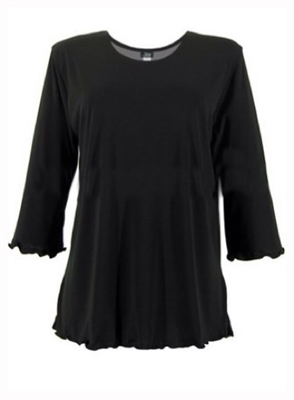 3/4 sleeve top with lettuce finish - black - polyester/spandex