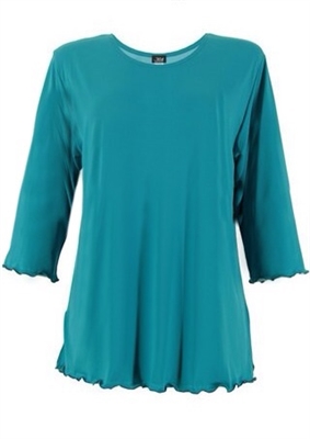 3/4 sleeve top with lettuce finish - teal - polyester/spandex