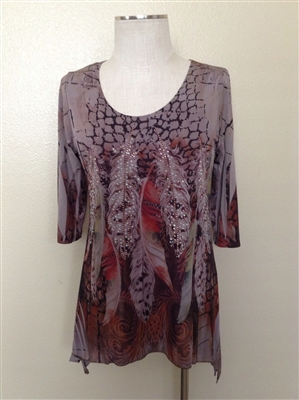 3/4 sleeve 2 point top - mocha peacock feathers - polyester/spandex