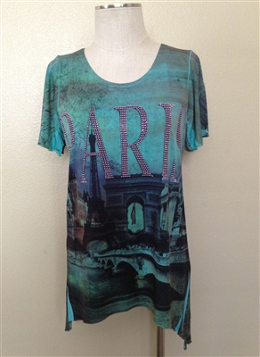 short sleeve 2 point Paris top - green - polyester/spandex