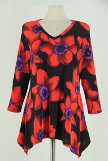 3/4 sleeve 2 point top - red/purple flowers on black - polyester/spandex