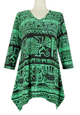 3/4 sleeve 2 point top - green aztec - polyester/spandex