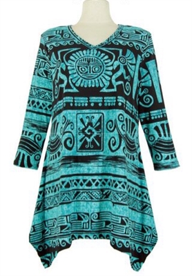 3/4 sleeve 2 point top - teal aztec - polyester/spandex