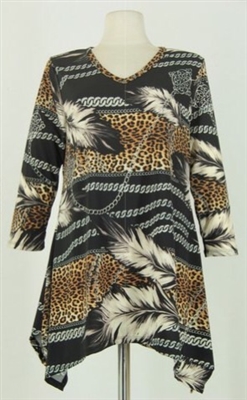 3/4 sleeve 2 point top - leopard/feathers - polyester/spandex