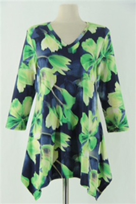 3/4 sleeve 2 point top - green blossoms on navy - polyester/spandex