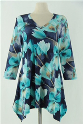 3/4 sleeve 2 point top - turquoise blossoms on navy - polyester/spandex