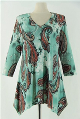 3/4 sleeve 2 point top - mint paisley - polyester/spandex