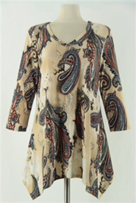 3/4 sleeve 2 point top - beige paisley - polyester/spandex