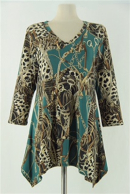 3/4 sleeve 2 point top - leopard/chains/teal - polyester/spandex