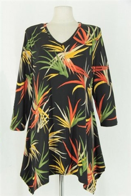 3/4 sleeve 2 point top -  black with colorful leaves - polyester/spandex