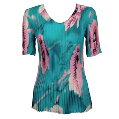 3/4 sleeve mini pleat top - poppies aqua print