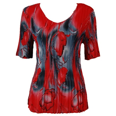 3/4 sleeve mini pleat top - tulips charcoal red