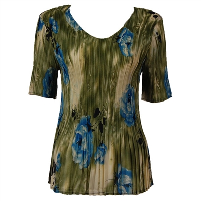 3/4 sleeve mini pleat top - roses olive blue