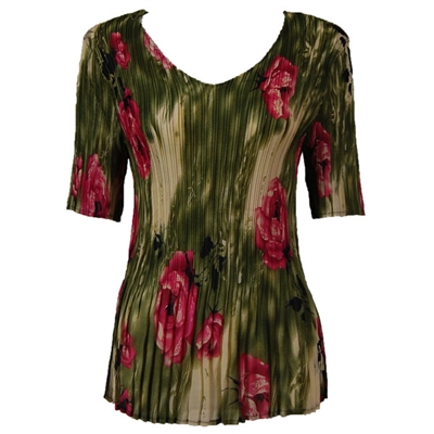 3/4 sleeve mini pleat top - roses olive pink