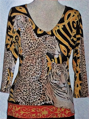 3/4 sleeve top with rhinestones - leopards and tigers