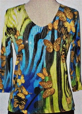 3/4 sleeve top with rhinestones - butterflies on blue/green