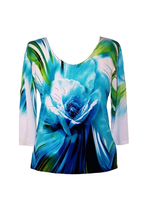 3/4 sleeve top with rhinestones - large blue rose