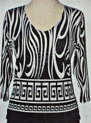 3/4 sleeve top with rhinestones - black/white swirl and meander