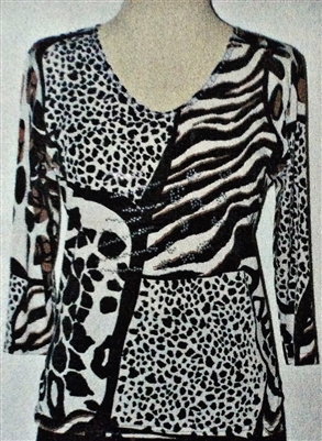 3/4 sleeve top with rhinestones - black/white mixed animal print