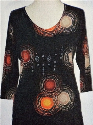 3/4 sleeve top with rhinestones - nightglow on black