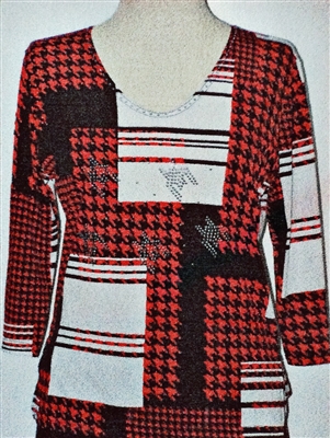 3/4 sleeve top with rhinestones - white bars and red houndstooth