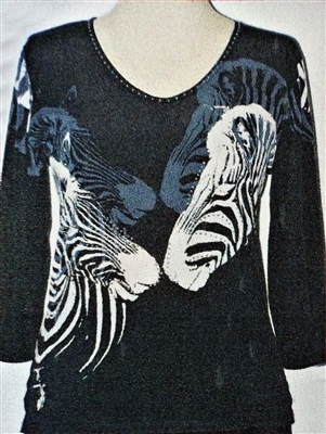3/4 sleeve top with rhinestones - zebras on black