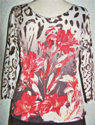 3/4 sleeve top with rhinestones - red flowers on white leopard