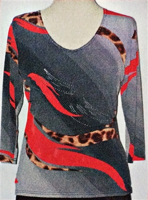 3/4 sleeve top with rhinestones - red/animal ribbon on grey