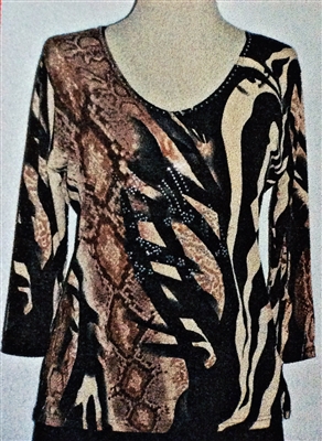 3/4 sleeve top with rhinestones - black/brown animal print