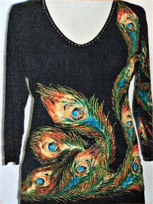 3/4 sleeve top with rhinestones - peacock feathers on black