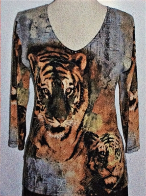 3/4 sleeve top with rhinestones - tigers