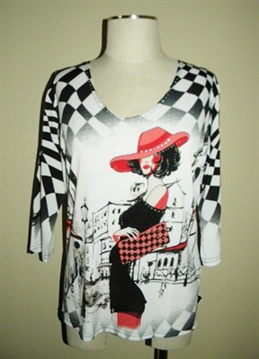 3/4 sleeve top with rhinestones - black/white with red hat lady