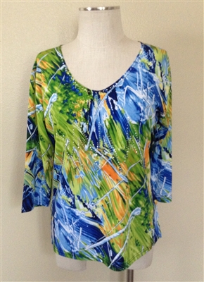 3/4 sleeve top with rhinestones - green/blue abstract