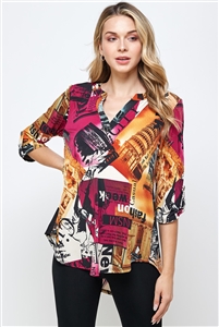 3/4 sleeve v-neck tunic top - pink/yellow multi print - polyester/spandex