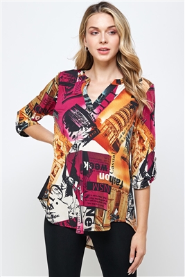 3/4 sleeve v-neck tunic top - pink/yellow multi print - polyester/spandex